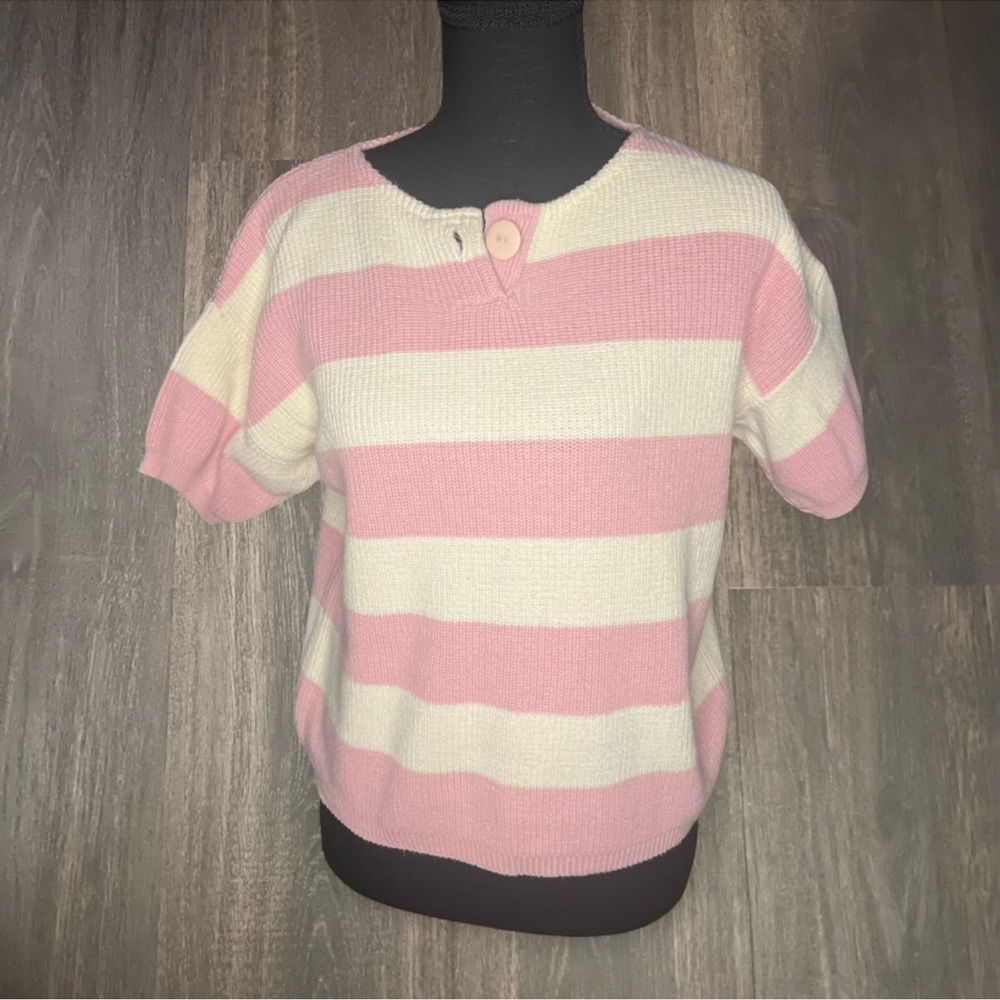Thoroughbreds Pink‎ & Cream Striped Short Sleeve Knit Sweater Top
